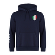 The EMB Canterbury Italy Shield Club Hoodie in navy blue showcases a tricolor shield patch on the chest and a white striped design on the right sleeve.