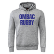 Experience the ultimate comfort with the OMBAC Rugby Club Hoodie by WRS Canterbury. This gray hoodie features a front pocket and "OMBAC RUGBY" boldly displayed in large blue letters on the front. Crafted from cozy sweatshirt fleece, it also offers customization options for adding a personal touch.