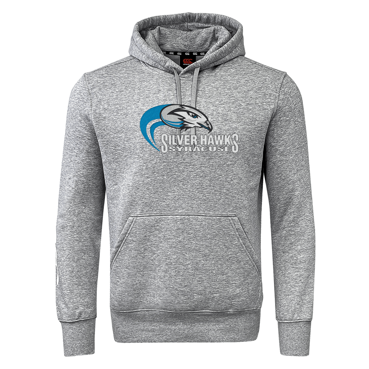 Syracuse Silver Hawks Club Hoodie by WRS Canterbury with a front pocket, featuring a "Silver Hawks" logo and the word "Syracuse" underneath, crafted from premium sweatshirt fleece.