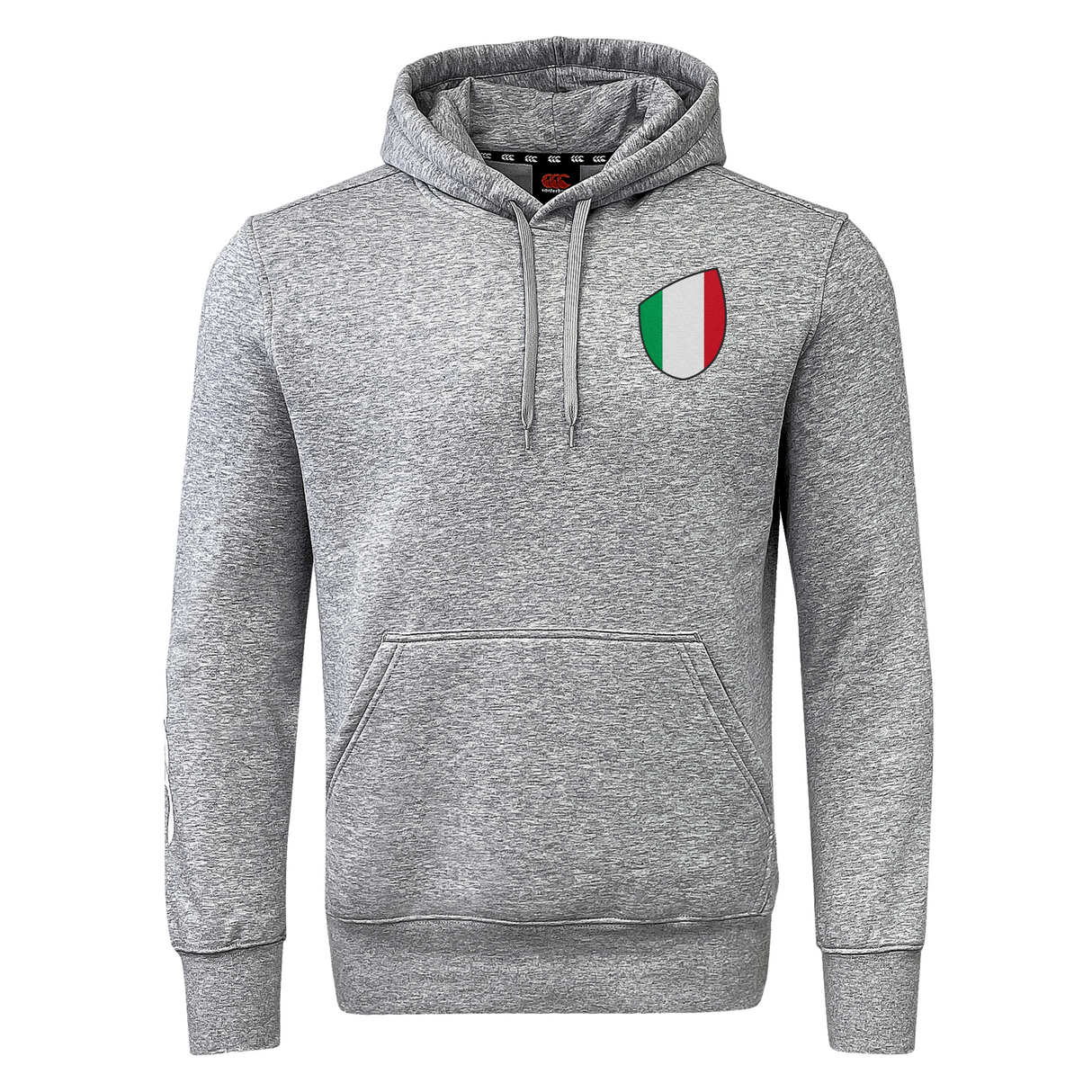 The EMB Canterbury Italy Shield Club Hoodie is gray, has a front pocket, and features a small Italian flag shield emblem on the chest.