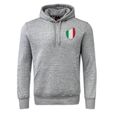 The EMB Canterbury Italy Shield Club Hoodie is gray, has a front pocket, and features a small Italian flag shield emblem on the chest.