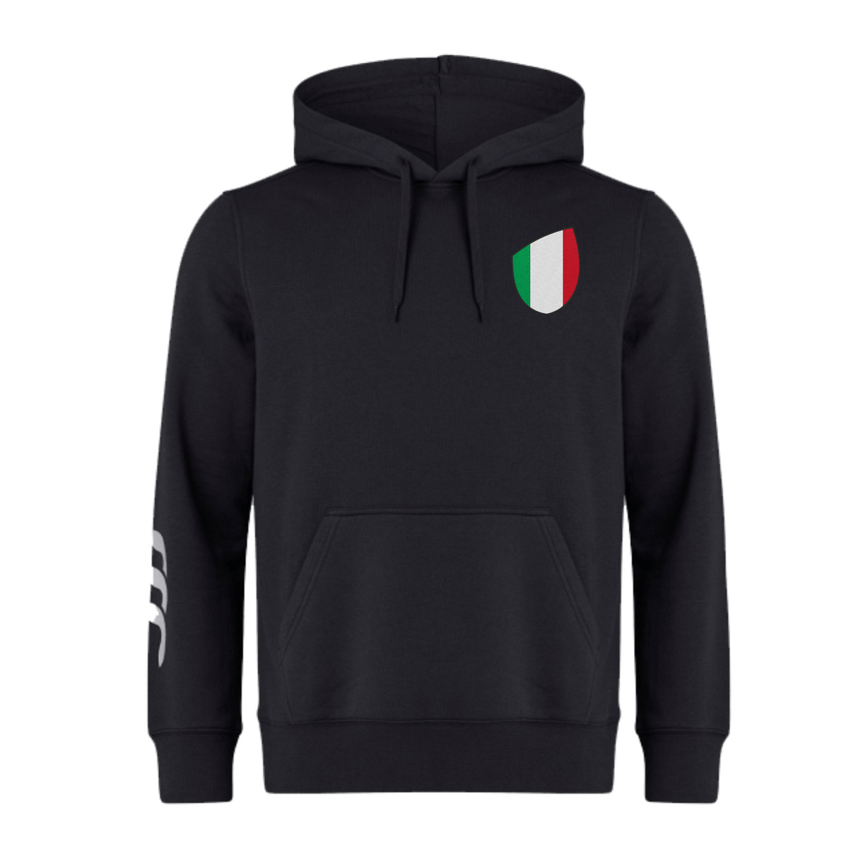 The EMB Canterbury Italy Shield Club Hoodie sports a sleek black design, featuring an Italian flag emblem on the chest and three distinctive white stripes on the right sleeve, capturing both style and national pride.