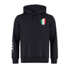 The EMB Canterbury Italy Shield Club Hoodie sports a sleek black design, featuring an Italian flag emblem on the chest and three distinctive white stripes on the right sleeve, capturing both style and national pride.