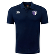 The OMBAC Rugby Club Dry Polo by EMB Canterbury features a navy blue short-sleeve design with a white embroidered logo on the left sleeve, a crest on the left chest, and breathable fabric utilizing Vapodri Technology for quick drying.