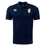 Just In: The Italy Shield Club Dry Polo by EMB Canterbury is a navy blue polo with a small Italy flag emblem on the chest and the Canterbury logo on the right, seamlessly blending style with comfort.