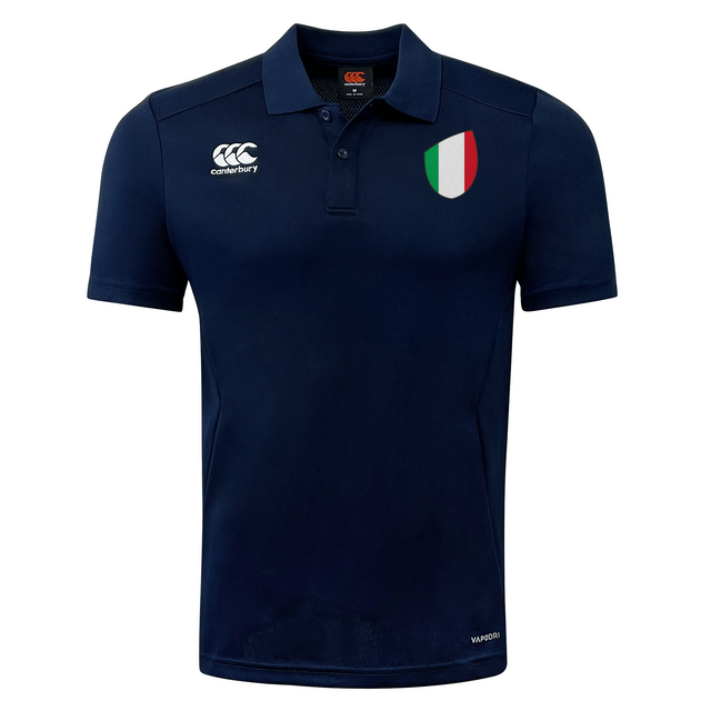 Just In: The Italy Shield Club Dry Polo by EMB Canterbury is a navy blue polo with a small Italy flag emblem on the chest and the Canterbury logo on the right, seamlessly blending style with comfort.