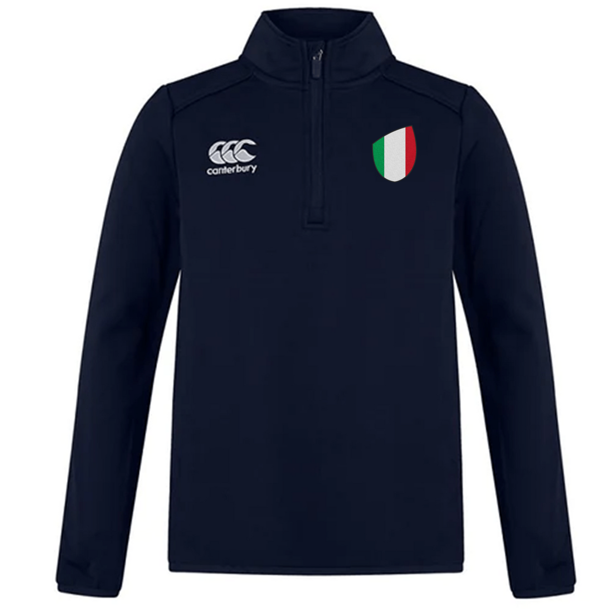 The EMB Canterbury Italy Club Shield 1/4 Zip Training Top is navy blue with a white logo on the right chest and an Italy club shield emblem featuring Italian flag colors on the left chest.