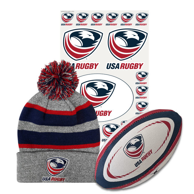 The USA Rugby Fan Stocking Stuffers 3-Pack from Fast Bundle, which includes a Gilbert USAR Mini Replica Rugby Ball, a gray and striped pom-pom beanie, and a USAR Sticker Sheet, is displayed.