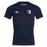 Introducing the OMBAC Rugby Club Dry Tee by EMB Canterbury - a navy blue short-sleeve sports shirt with Vapodri Technology. This tee features a distinctive Canterbury logo on the right chest and a crest depicting a rugby player with "OMAGH RUGBY" text on the left chest. Perfect for athletes who value performance and style, this Club Dry tee is complete with iconic CCC branding.