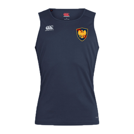 Navy blue sleeveless sports tank top featuring the Cincinnati Classical Academy Club Dry Singlet logo on the right chest and a yellow lion crest on the left chest, incorporating Vapodri Technology for enhanced performance by EMB Canterbury.