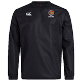 The Hampden Sydney College Club Vaposhield Contact Top by EMB Canterbury is a black long-sleeve rugby shirt featuring a logo on the chest that reads "Rugby" and depicts crossed axes above a shield. It is designed with Vaposhield technology to keep you dry during wet weather training.