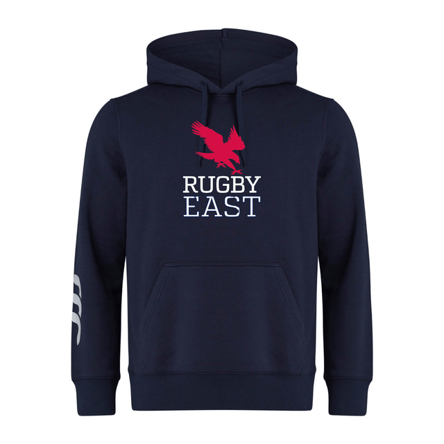 Navy blue Rugby East Conference Club Hoodie by Canterbury crafted from premium sweatshirt fleece, featuring a kangaroo pocket, drawstring hood, and a design with a red bird and the text "Rugby East" on the front. White logo and CCC plastisol print on the left sleeve.