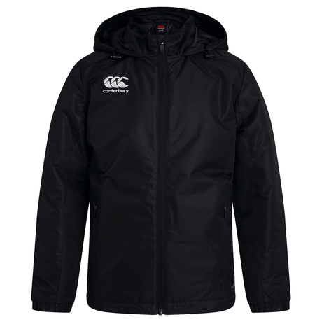 A black Canterbury Club Vaposhield Stadium Jacket with a white rugby team logo on it.