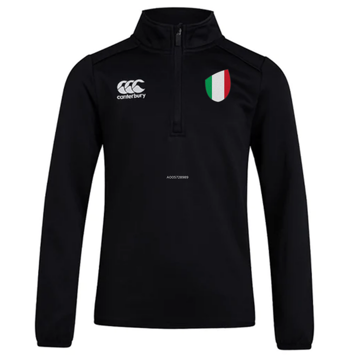 The Italy Club Shield 1/4 Zip Training Top by EMB Canterbury features the brand logo on the left chest and a Club Shield emblem on the right, both in black.