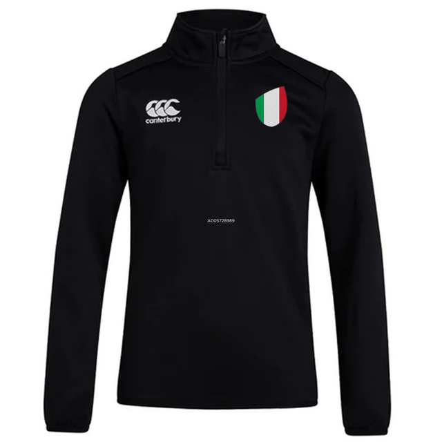 The Italy Club Shield 1/4 Zip Training Top by EMB Canterbury features the brand logo on the left chest and a Club Shield emblem on the right, both in black.