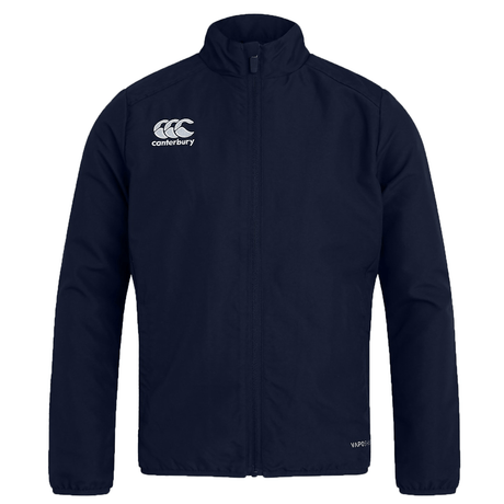 A Canterbury Club Track Jacket in navy with a white rugby team logo on it.