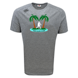 Gray Twin Island Rugby Tempo Vapodri T-shirt by WRS Canterbury featuring palm trees and a rugby player silhouette, enhanced with moisture-wicking VapoDri technology.