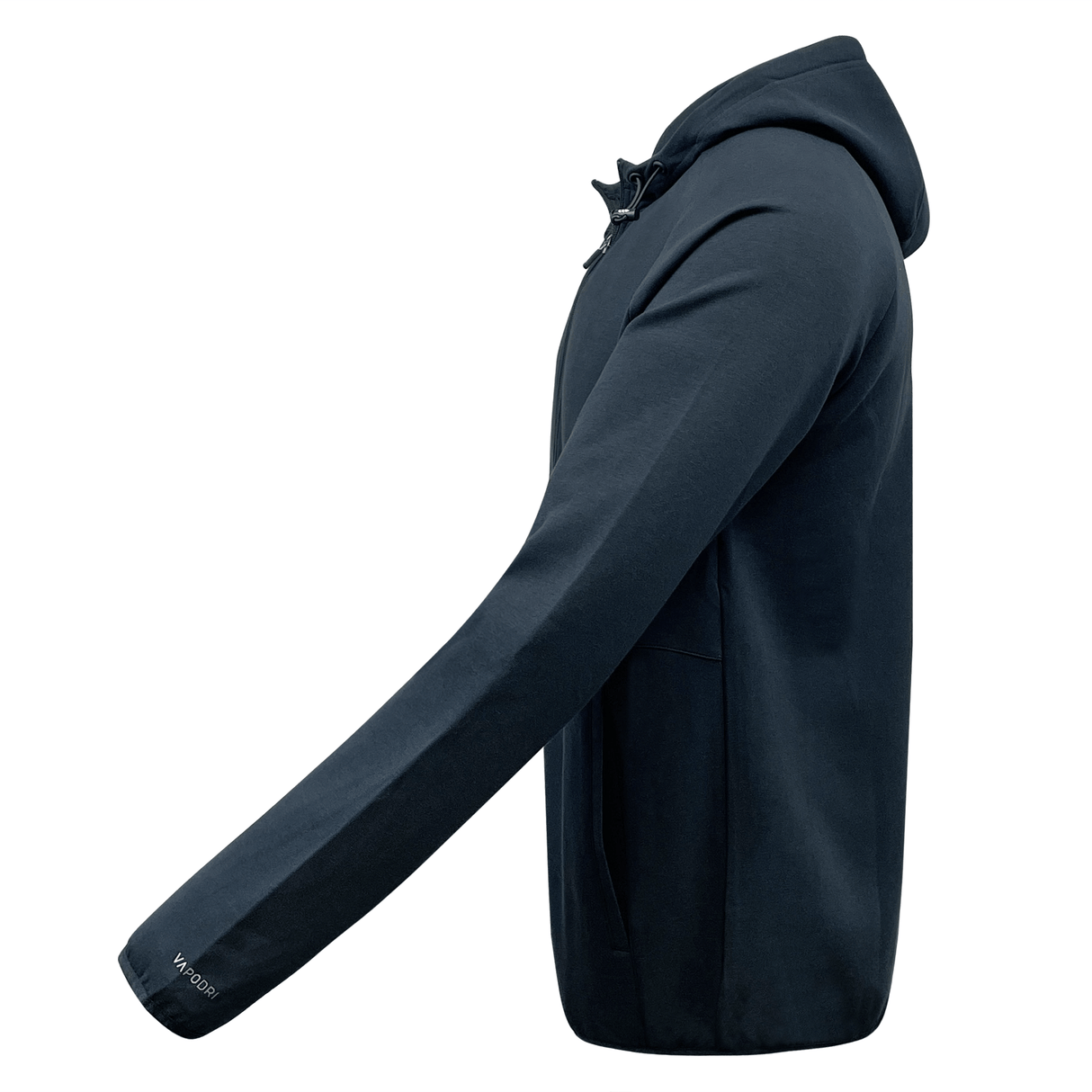 The back view of a men's blue Canterbury Tempo Vapodri Full-Zip Hoodie, showcasing its moisture-wicking properties and Canterbury branding.