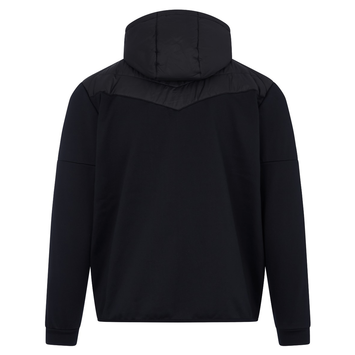 Introducing the Canterbury Hybrid Jacket V2 by Canterbury: A black hooded jacket with a back view, featuring yoke detail at the shoulders and an elastic waistband. The material appears thick and suitable for cooler weather, enhanced by ThermoReg technology and a water-resistant finish.