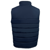 The Samoa Shield Core Gilet by EMB Canterbury is a dark blue padded vest with Thermoreg insulation, horizontal stitching, and a high collar.