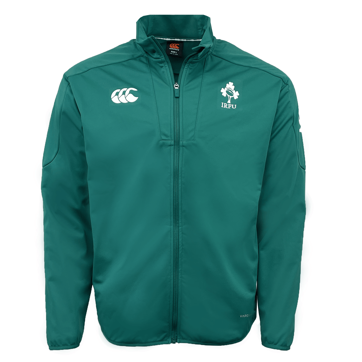 Green, full-zip Ireland 24 Anthem Jacket by Canterbury featuring a white shamrock emblem and "IRFU" on the left chest, and a white logo on the right chest. Water-resistant to keep you dry.