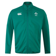 The Ireland 24 Anthem Jacket by Canterbury is a green sports jacket featuring a zip-up front, the IRFU emblem, and the Canterbury logo heat pressed on the chest. Crafted with water-resistant fabric technology, it ensures you stay dry while showcasing your team pride.