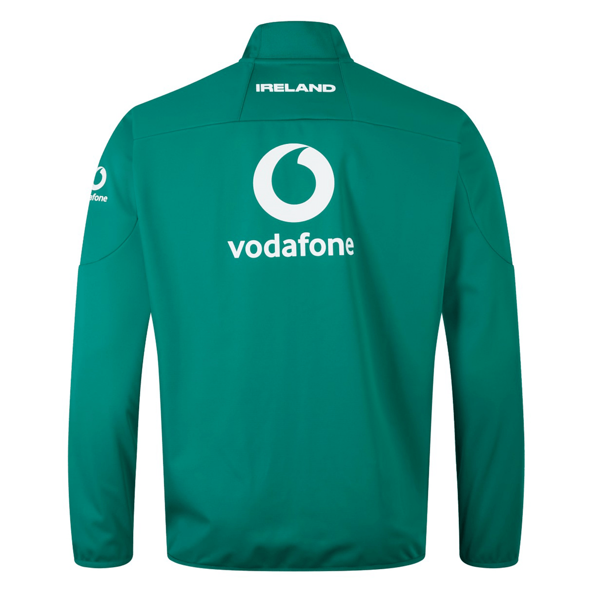 The Ireland 24 Anthem Jacket by Canterbury showcases a vibrant green design, prominently featuring the Vodafone logo on the back and "IRELAND" at the top. Crafted from water-resistant fabric technology for added durability, this jacket is finished with heat pressed logos that provide a sleek look.