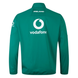 The Ireland 24 Anthem Jacket by Canterbury showcases a vibrant green design, prominently featuring the Vodafone logo on the back and "IRELAND" at the top. Crafted from water-resistant fabric technology for added durability, this jacket is finished with heat pressed logos that provide a sleek look.