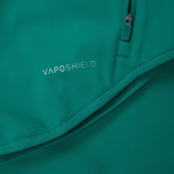 Close-up of a green fabric with a zipper and the word "VAPOSHIELD" printed on it, highlighting Canterbury's advanced water resistant fabric technology. This detail is part of the Ireland 24 Anthem Jacket by Canterbury.