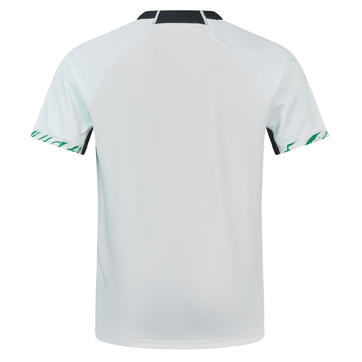 Back view of the Ireland 24 Alternate Pro Jersey by Canterbury, a light gray short-sleeve shirt made with elite performance moisture-wicking fabric, featuring a black collar and green detailing on the sleeve ends.