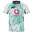 The Ireland 24 Alternate Pro Jersey by Canterbury is a white rugby jersey adorned with green abstract patterns and features logos from Canterbury, Vodafone, and the IRFU (Irish Rugby Football Union). This jersey is engineered with moisture-wicking fabric to ensure elite performance on the field.