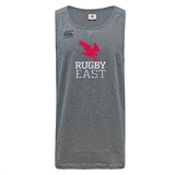 Gray sleeveless Rugby East Conference Tempo Vapodri Singlet by WRS Canterbury with a red eagle emblem above "Rugby East" text in white and blue on the front. Made from recycled polyester, it features VapoDri technology for superior moisture management. Logo of WRS Canterbury brand in black.