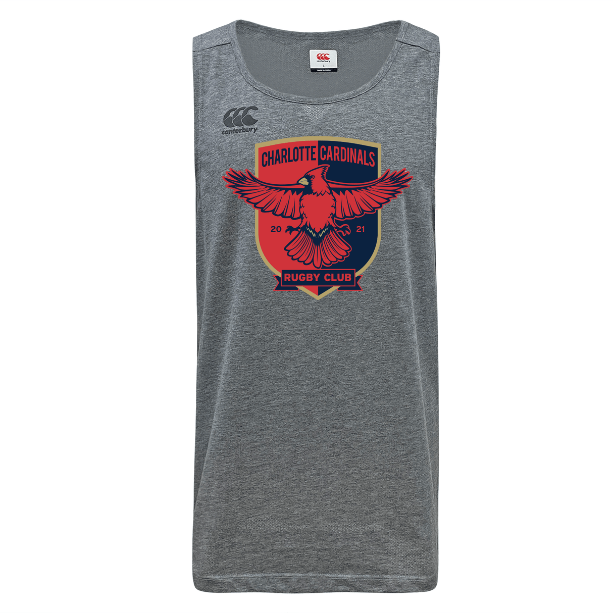 Gray tank top with "Charlotte Cardinals Rugby Club Tempo Vapodri Singlet by WRS Canterbury" featuring a red cardinal and the years 2020 and 2021, crafted from recycled polyester.