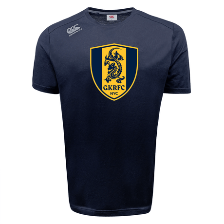 The Gotham Knights Tempo VapoDri T-Shirt by Canterbury is a navy blue, short-sleeve shirt featuring moisture-wicking VapoDri technology, a Canterbury logo on the right shoulder, and a yellow shield with a lion and "GKRFC NYC" on the chest.