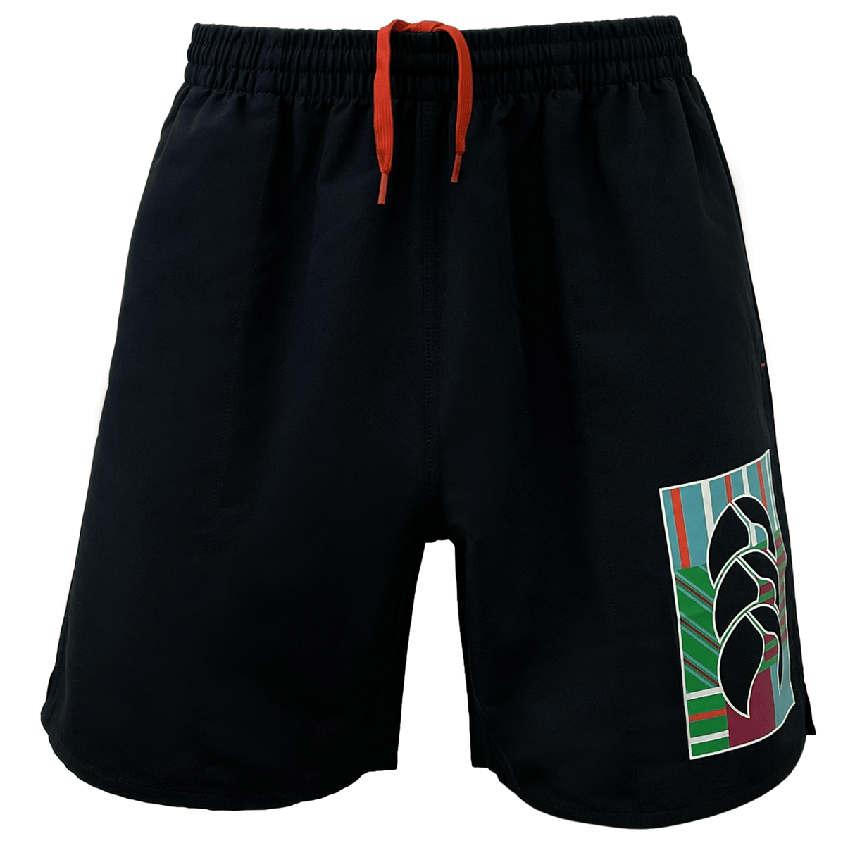 A black Canterbury Uglies Tactic Short with a palm tree on it.