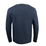 Back view of a Canterbury CCC Solid Dye Long Sleeve Rugger, a navy blue rugby shirt with a white collar and a relaxed fit.