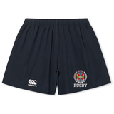 Hampden Sydney College Yokohama Shorts by EMB Canterbury are navy blue rugby shorts featuring an embroidered logo and the word "Rugby" on the right leg. Made from lightweight, durable fabric, these shorts are ideal for rugby players and showcase the Canterbury brand logo on the left leg.