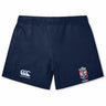 The Claremont Colleges Women's Yokohama Shorts by EMB Canterbury, in navy blue, feature the CCC logo on the left leg and "The Clash 201" emblem on the right leg, and are crafted from lightweight durable fabric.