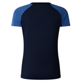 Presenting the Women's Canterbury Elite Training Tee: a navy blue T-shirt with contrasting blue raglan shoulders and short sleeves. Made from lightweight fabric, it showcases Vapodri technology to keep you cool and dry during workouts, ensuring ultimate performance.