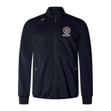 Introducing the Hampden Sydney College Elite Windstopper Jacket by EMB Canterbury: a black softshell jacket with a high collar and ribbed cuffs, featuring a colorful embroidered rugby team emblem on the left chest and a small white logo on the right shoulder.