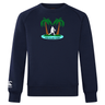 The Twin Island Rugby Club Crew Sweatshirt by WRS Canterbury features a silhouette of a rugby player between two palm trees and the text "Twin Island Rugby." This ultra-soft sweatshirt is enhanced by an embroidered CCC logo, offering both comfort and style for rugby enthusiasts.