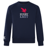 The Rugby East Conference Club Crew Sweatshirt by WRS Canterbury is a navy blue sweatshirt adorned with "Rugby East" and a red eagle design on the front. Made from ultra-soft fabric, it features an embroidered CCC logo on the sleeve for added style and comfort.