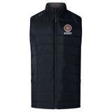 A black, sleeveless puffer vest with a high neck from the Hampden Sydney College Elite Microlite Gilet by Canterbury, featuring a colorful embroidered logo with a rugby ball and cross motifs, and the word "RUGBY" on the left chest. The EMB Canterbury design ensures optimal warmth with insulated baffles.