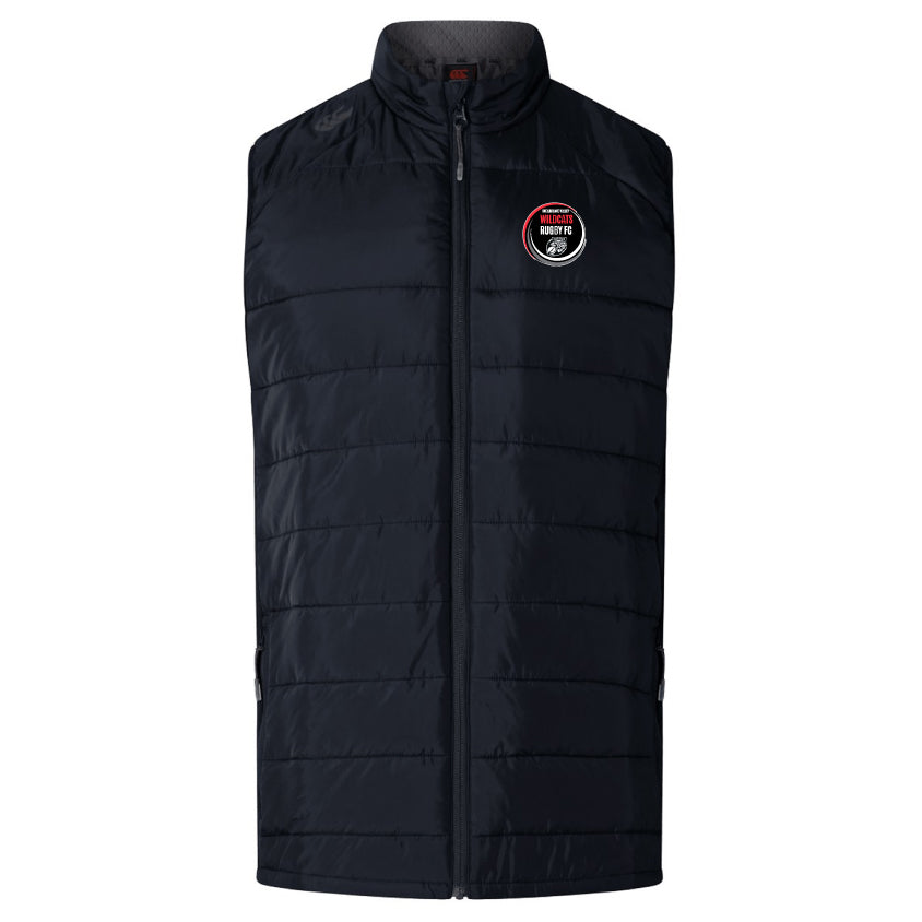 The Snoqualmie Valley Wildcats Women's Elite Microlite Gilet by EMB Canterbury features insulated baffles for warmth, a high collar, and an embroidered chest logo in a sleek black design.