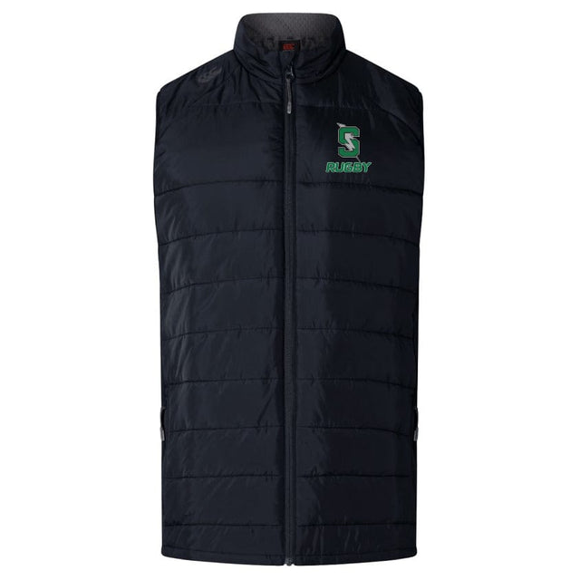 The Summit Rugby Women's Elite Microlite Gilet by Canterbury, from EMB Canterbury, is a black, sleeveless vest with a stand-up collar featuring a green "S" logo and the word "RUGBY" on the upper left chest. This zip-up gilet combines style with functionality and offers Thermoreg bonded fleece for extra warmth.