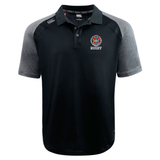 The black short-sleeve Hampden Sydney College Elite Polo by Canterbury, made with lightweight and durable Vapodri fabrics, features a Canterbury logo on the right shoulder, the EMB Canterbury brand on the chest, and an embroidered rugby crest on the left chest.