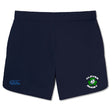 The Clover Blue Eagles Rugby Women's Elite Woven Short by EMB Canterbury in navy blue features "Clover Rugby" text alongside a logo displaying a green clover and rugby ball. These shorts are crafted for lightweight comfort and come equipped with handy zippered pockets.