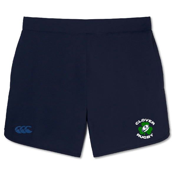 The Clover Blue Eagles Rugby Women's Elite Woven Short by EMB Canterbury in navy blue features "Clover Rugby" text alongside a logo displaying a green clover and rugby ball. These shorts are crafted for lightweight comfort and come equipped with handy zippered pockets.