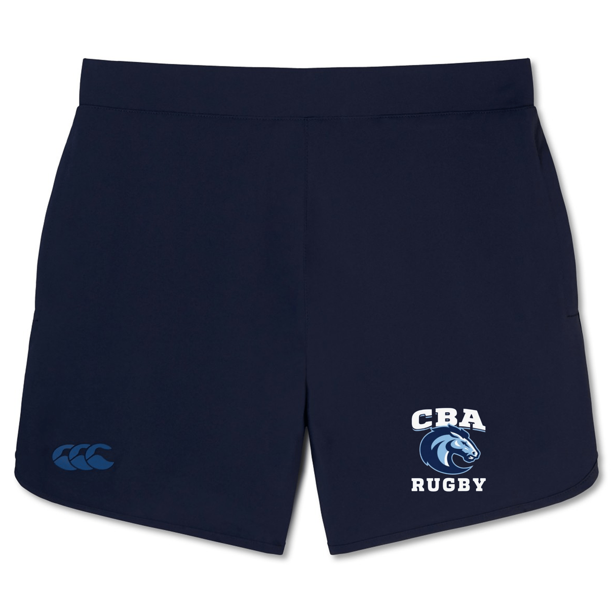 The Christian Brothers Academy Rugby Elite Woven Shorts by EMB Canterbury are navy blue, designed for superior training. "CBA RUGBY" and a blue horse logo adorn the right side, with the Canterbury logo on the left. They're ideal for gym use, combining style with performance.