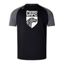 The Cincinnati Wolfhounds Elite Training Tee by WRS Canterbury is a lightweight and durable black and gray short-sleeve shirt, featuring a stylized wolf head "Cincinnati CRFC" logo on the front, made from Vapodri fabrics for optimal comfort.